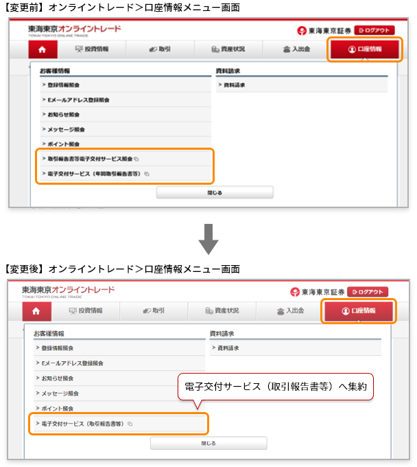 【変更前】オンライントレード>口座情報メニュー画面、【変更後】オンライントレード>口座情報メニュー画面