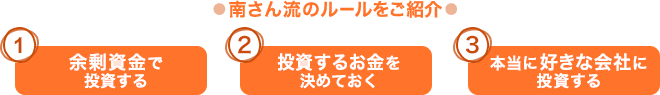 南さん流のルールをご紹介　1 余剰資金で投資する　2 投資するお金を決めておく　3 本当に好きな会社に投資する