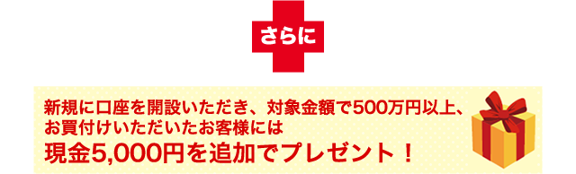 さらに新規に口座を開設いただいたお客様へ現金5,000円を追加でプレゼント！